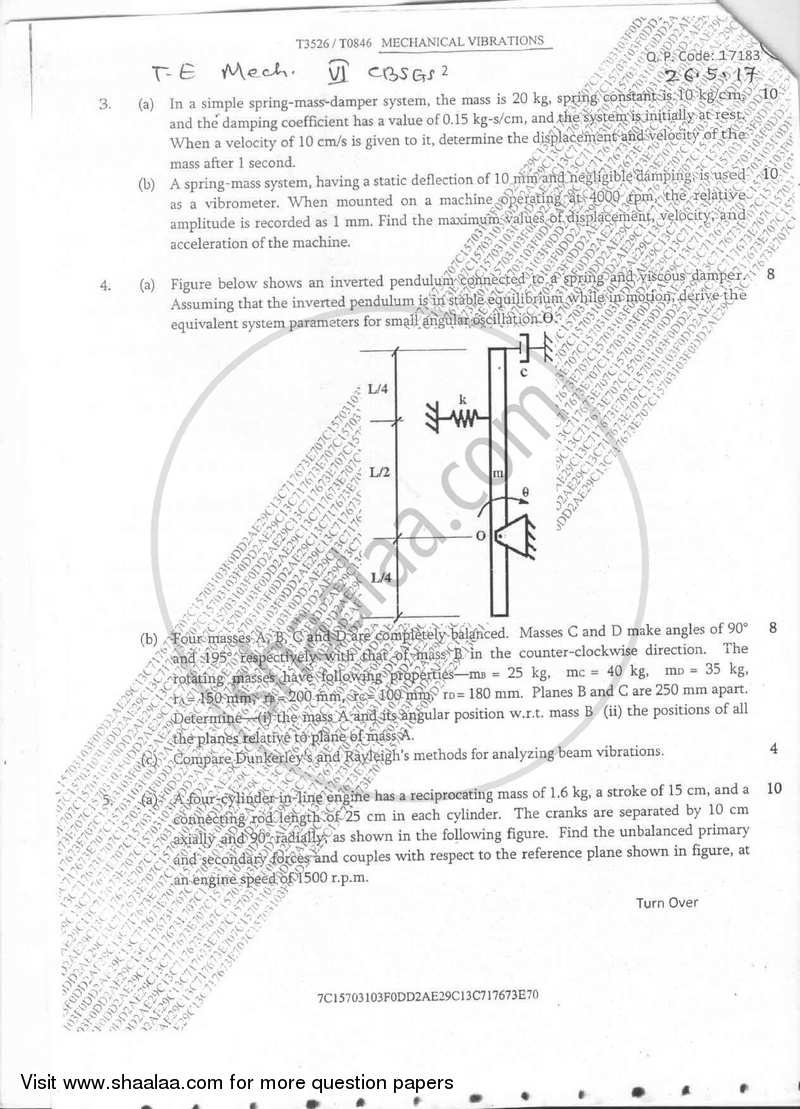 Mechanical Vibrations 2016-2017 - B.E. - Semester 6 (TE Third Year) - University of Mumbai question paper with PDF download