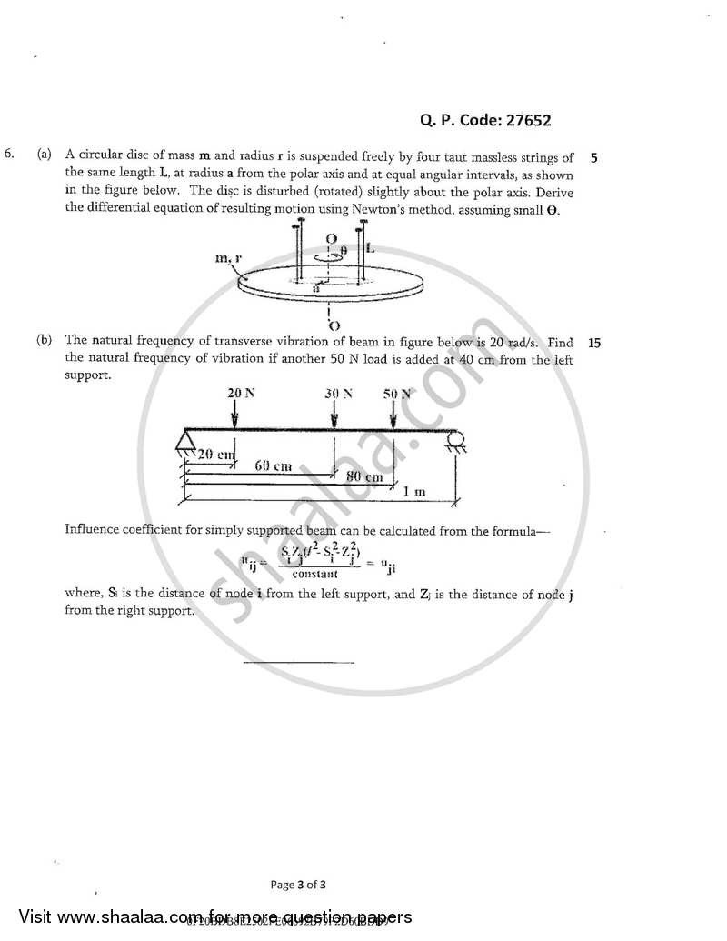 Mechanical Vibrations 2017-2018 - B.E. - Semester 6 (TE Third Year) - University of Mumbai question paper with PDF download