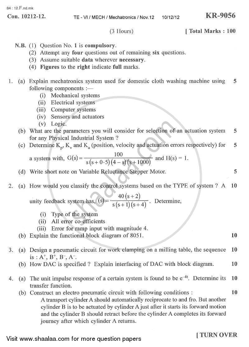 Mechatronics 2012-2013 - B.E. - Semester 6 (TE Third Year) - University of Mumbai question paper with PDF download
