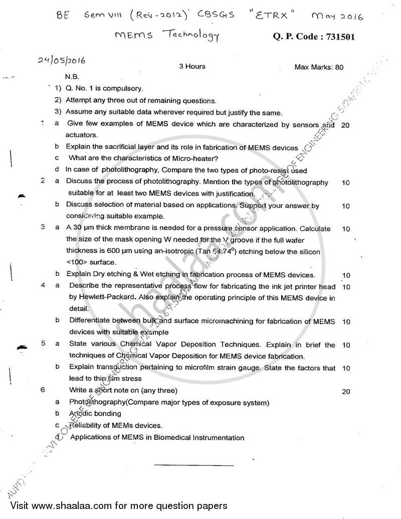 MEMS Technology 2015-2016 - B.E. - Semester 8 (BE Fourth Year) - University of Mumbai question paper with PDF download