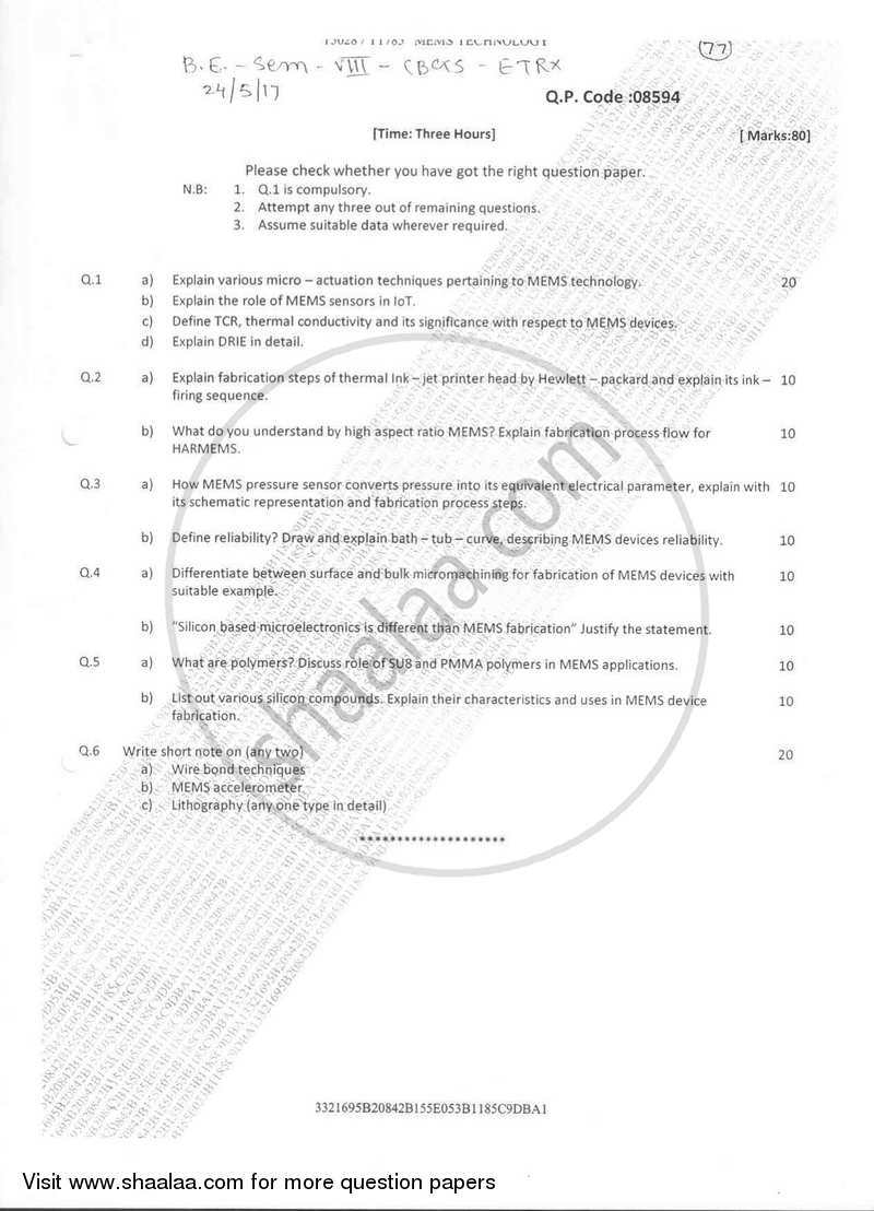 MEMS Technology 2016-2017 - B.E. - Semester 8 (BE Fourth Year) - University of Mumbai question paper with PDF download