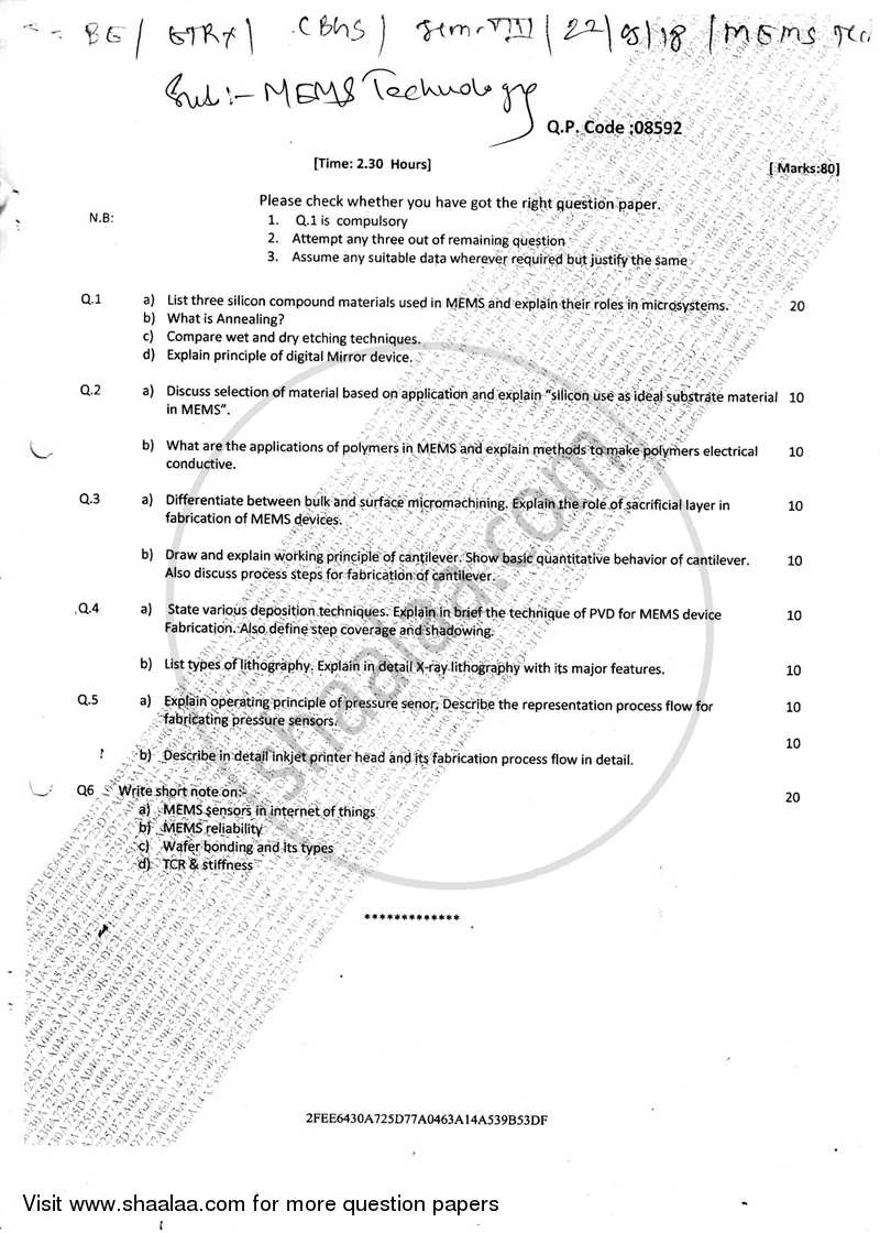 MEMS Technology 2017-2018 - B.E. - Semester 8 (BE Fourth Year) - University of Mumbai question paper with PDF download