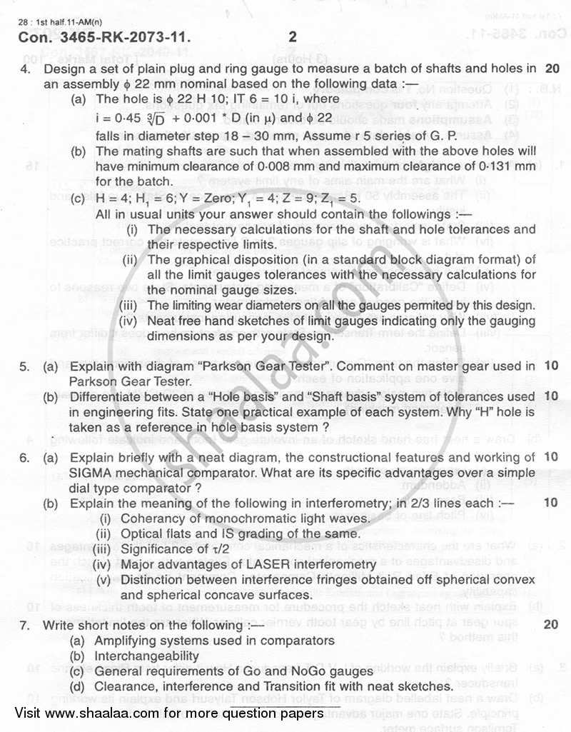 Metrology and Insturmentation 2010-2011 - B.E. - Semester 5 (TE Third Year) - University of Mumbai question paper with PDF download