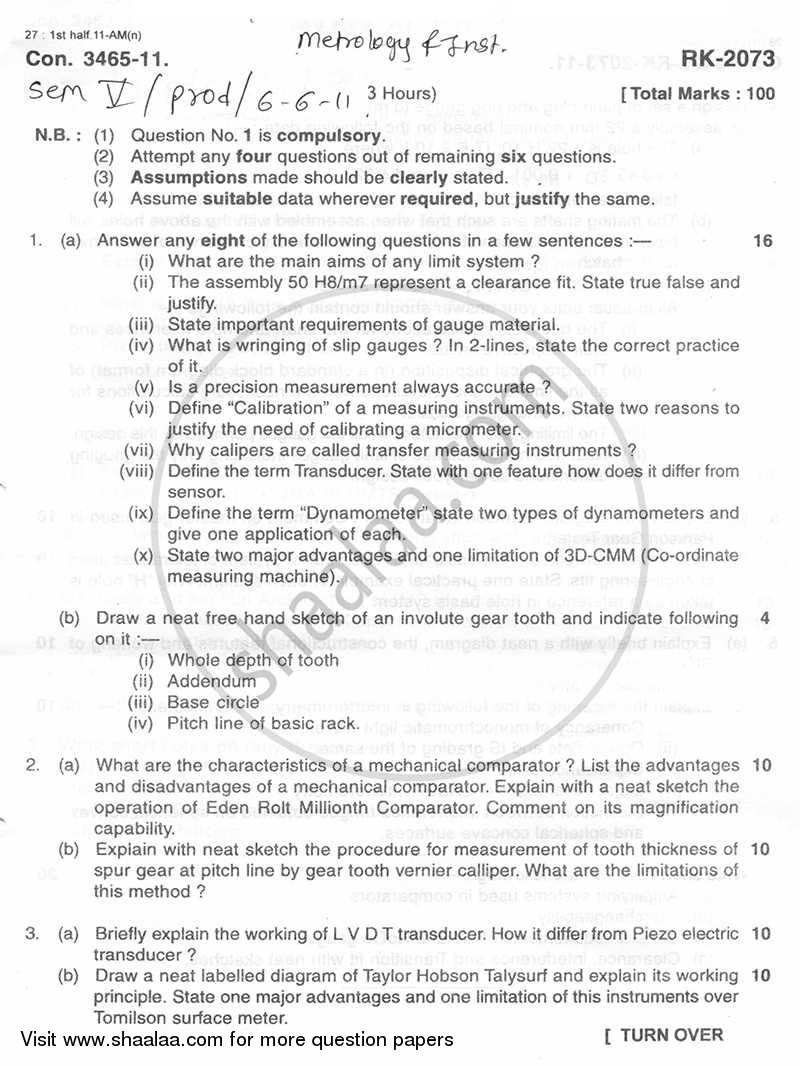 Metrology and Insturmentation 2010-2011 - B.E. - Semester 5 (TE Third Year) - University of Mumbai question paper with PDF download
