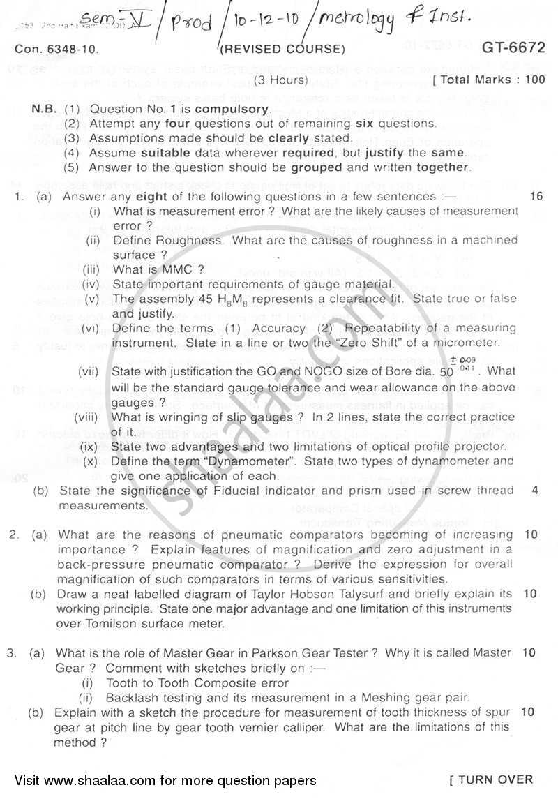 Metrology and Insturmentation 2010-2011 - B.E. - Semester 5 (TE Third Year) - University of Mumbai question paper with PDF download