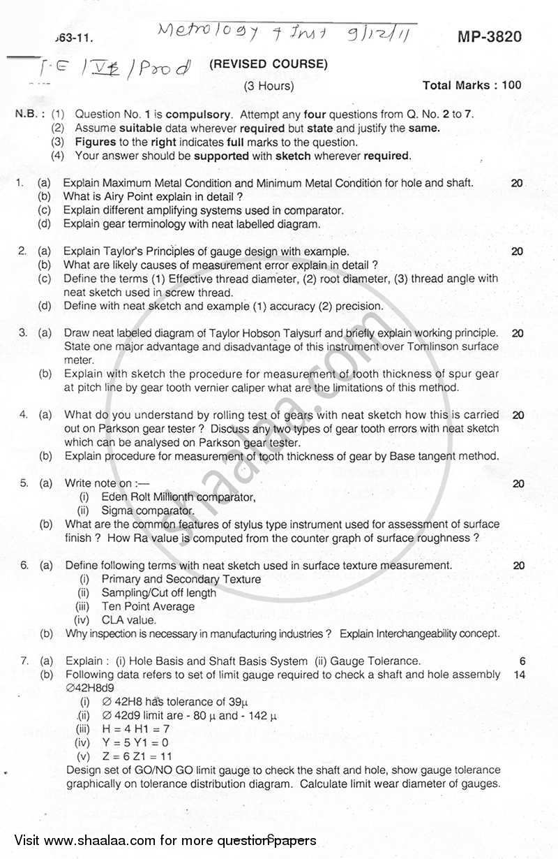 Metrology and Insturmentation 2011-2012 - B.E. - Semester 5 (TE Third Year) - University of Mumbai question paper with PDF download