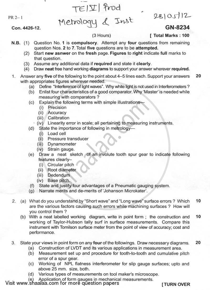 Metrology and Insturmentation 2011-2012 - B.E. - Semester 5 (TE Third Year) - University of Mumbai question paper with PDF download