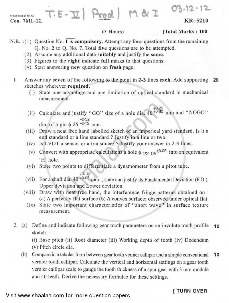 Metrology and Insturmentation 2012-2013 - B.E. - Semester 5 (TE Third Year) - University of Mumbai question paper with PDF download