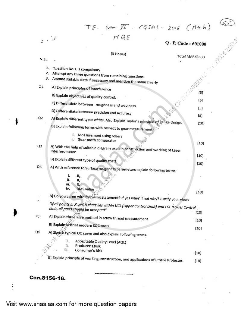 Metrology and Quality Engineering 2015-2016 - B.E. - Semester 6 (TE Third Year) - University of Mumbai question paper with PDF download