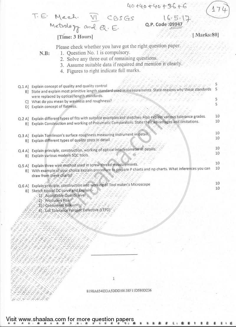 Metrology and Quality Engineering 2016-2017 - B.E. - Semester 6 (TE Third Year) - University of Mumbai question paper with PDF download