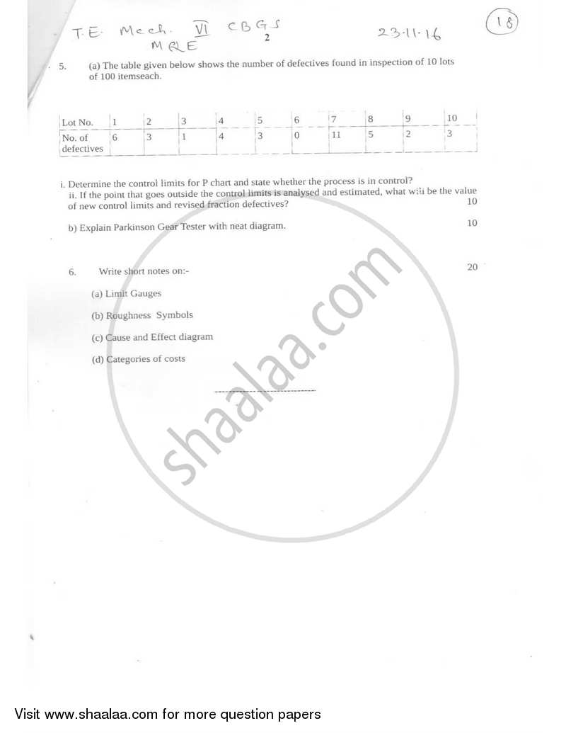 Metrology and Quality Engineering 2016-2017 - B.E. - Semester 6 (TE Third Year) - University of Mumbai question paper with PDF download