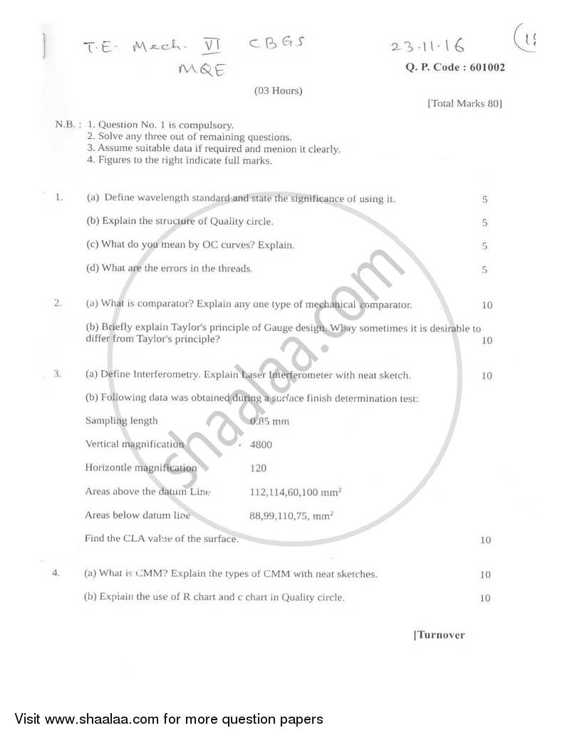 Metrology and Quality Engineering 2016-2017 - B.E. - Semester 6 (TE Third Year) - University of Mumbai question paper with PDF download