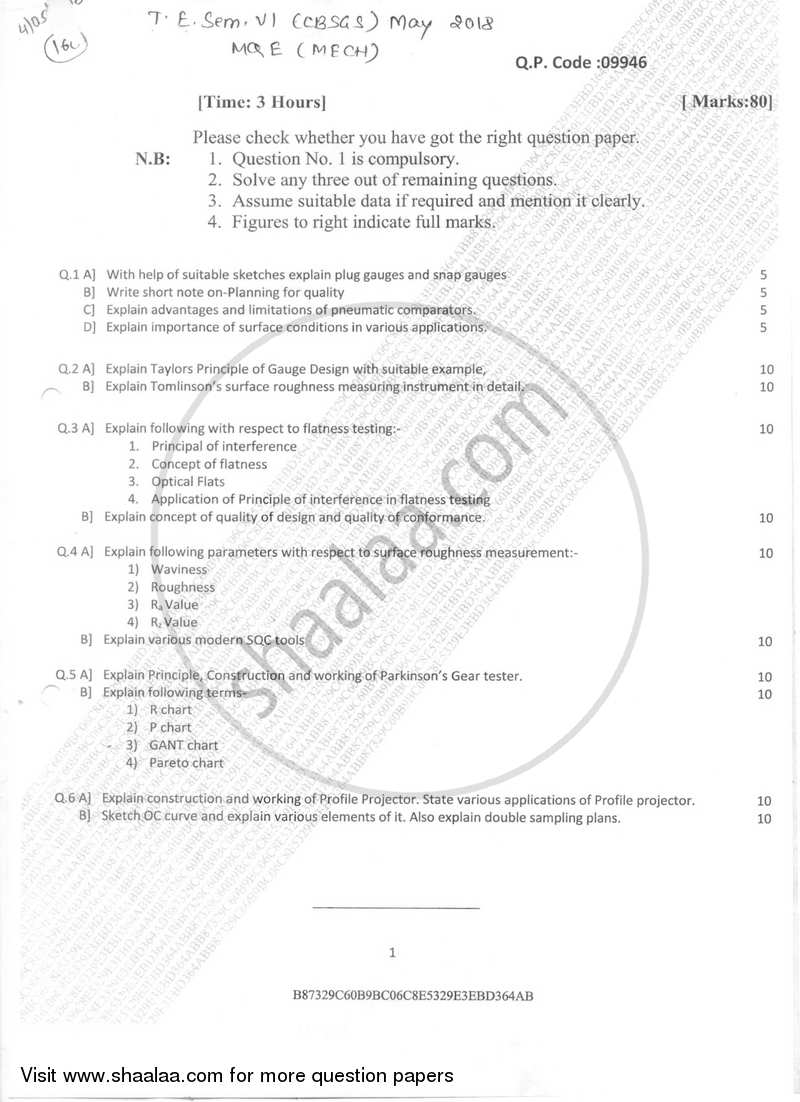Metrology and Quality Engineering 2017-2018 - B.E. - Semester 6 (TE Third Year) - University of Mumbai question paper with PDF download
