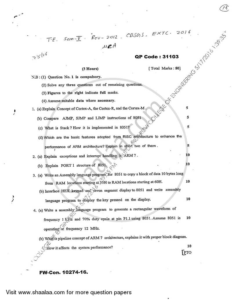 Microcontrollers and Application 2015-2016 - B.E. - Semester 5 (TE Third Year) - University of Mumbai question paper with PDF download