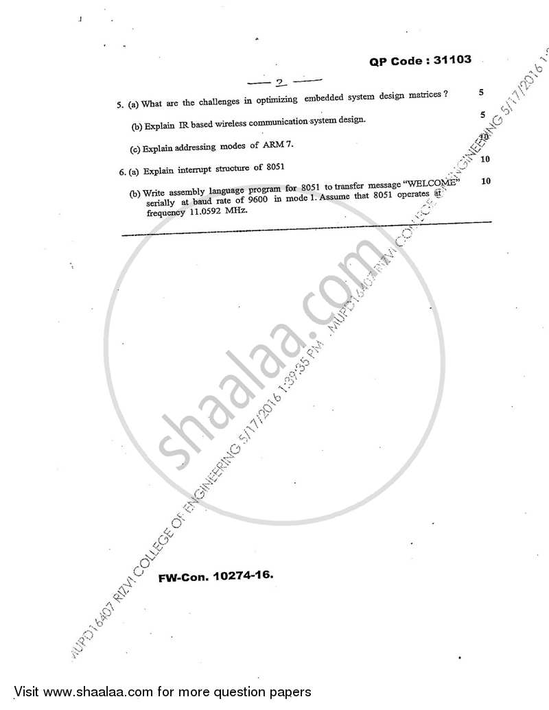 Microcontrollers and Application 2015-2016 - B.E. - Semester 5 (TE Third Year) - University of Mumbai question paper with PDF download