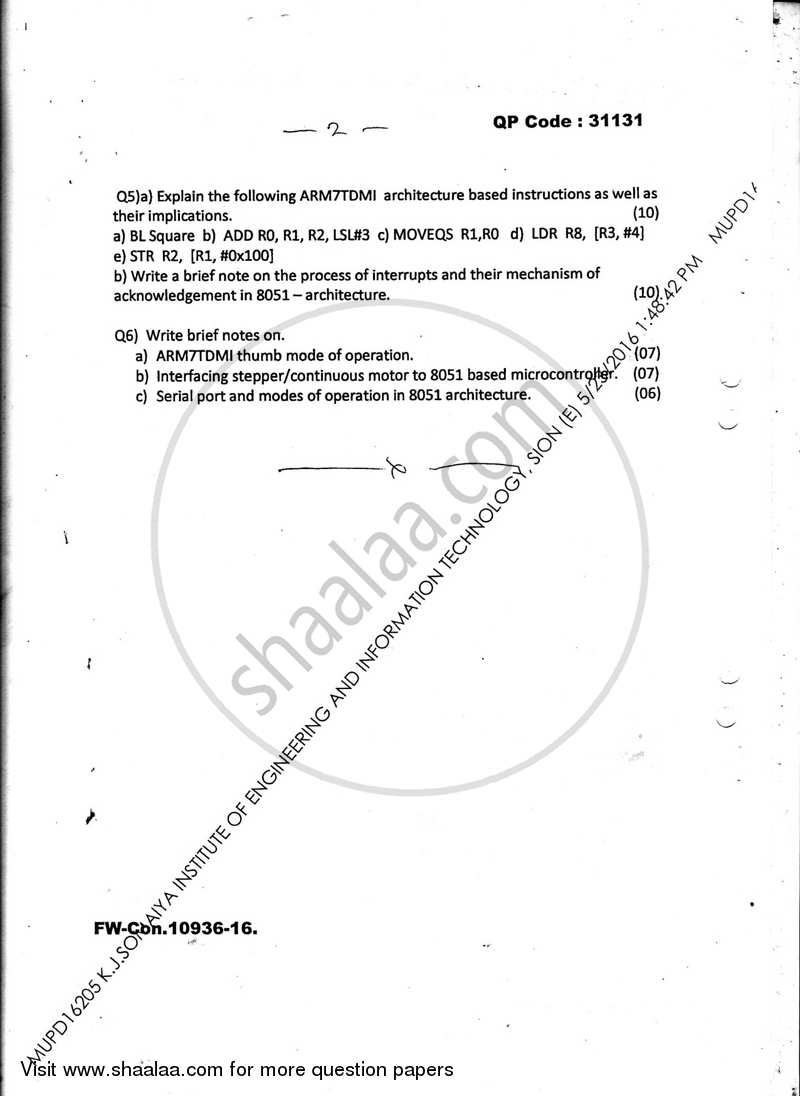 Microcontrollers and Application 2015-2016 - B.E. - Semester 5 (TE Third Year) - University of Mumbai question paper with PDF download