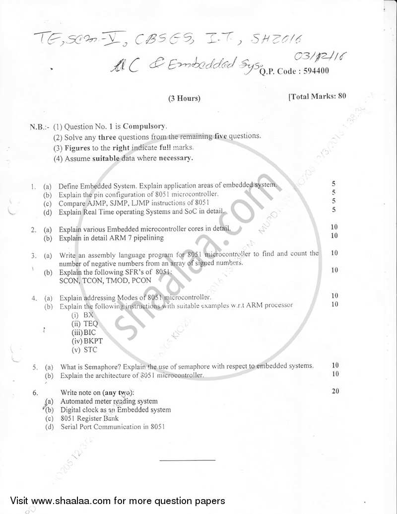 Microcontrollers and Embeded Systems 2016-2017 - B.E. - Semester 5 (TE Third Year) - University of Mumbai question paper with PDF download