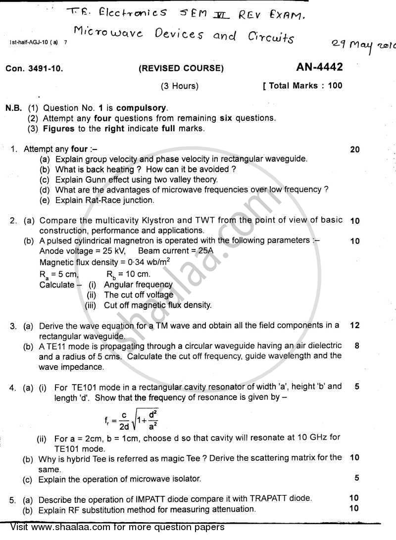 Microwave Devices and Circuits 2009-2010 - B.E. - Semester 6 (TE Third Year) - University of Mumbai question paper with PDF download