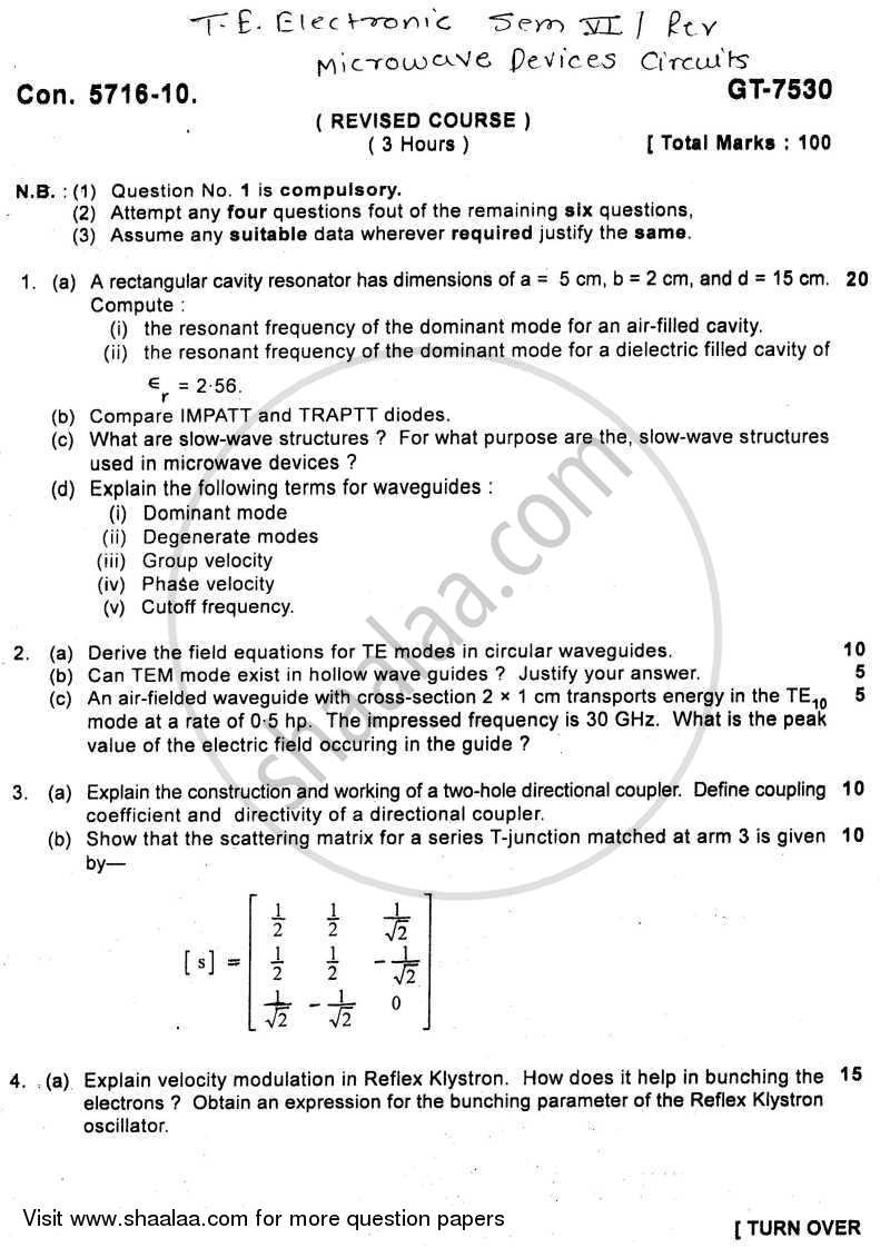 Microwave Devices and Circuits 2010-2011 - B.E. - Semester 6 (TE Third Year) - University of Mumbai question paper with PDF download