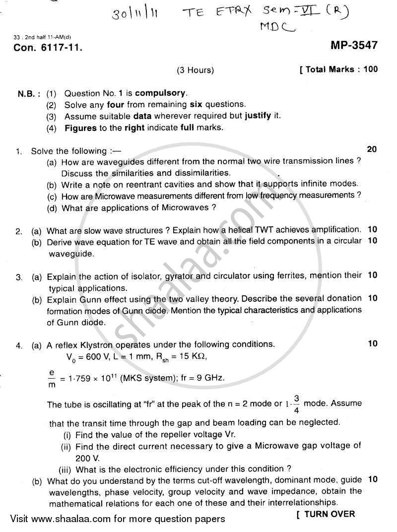 Microwave Devices and Circuits 2011-2012 - B.E. - Semester 6 (TE Third Year) - University of Mumbai question paper with PDF download