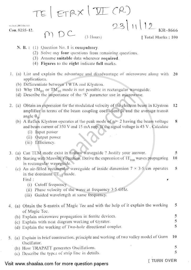 Microwave Devices and Circuits 2012-2013 - B.E. - Semester 6 (TE Third Year) - University of Mumbai question paper with PDF download