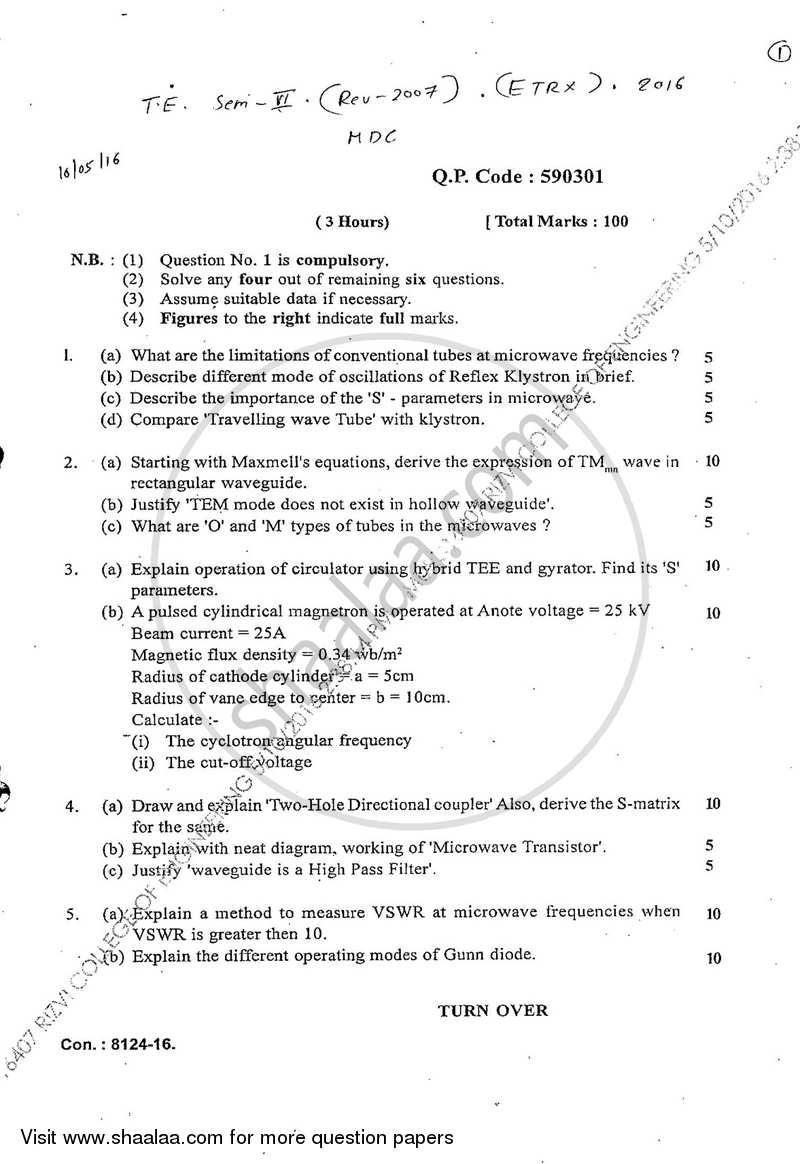 Microwave Devices and Circuits 2015-2016 - B.E. - Semester 6 (TE Third Year) - University of Mumbai question paper with PDF download