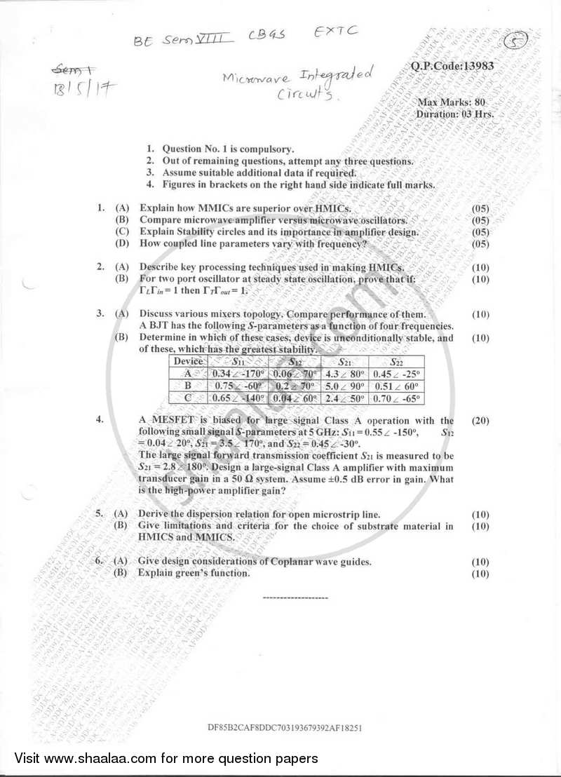 Microwave Integrated Circuits 2016-2017 - B.E. - Semester 8 (BE Fourth Year) - University of Mumbai question paper with PDF download