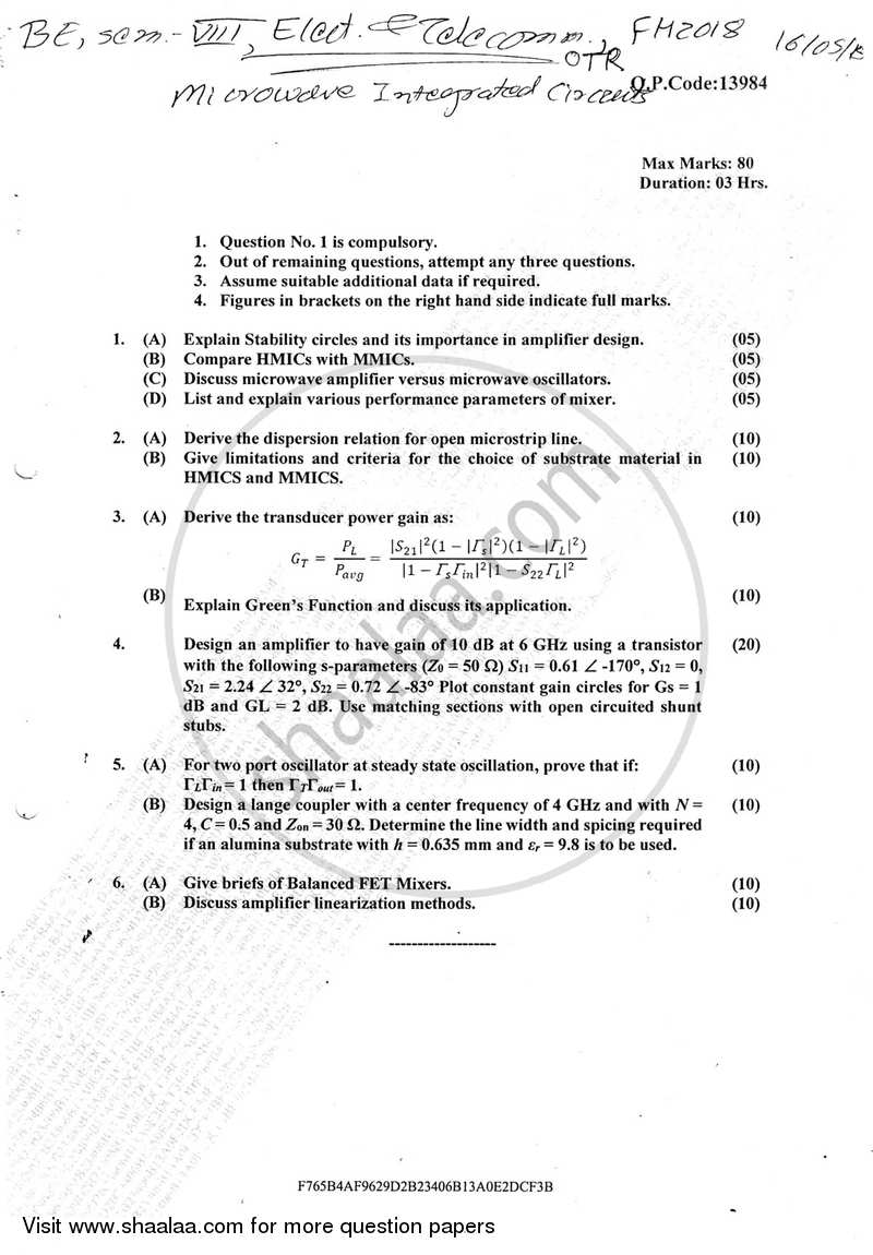 Microwave Integrated Circuits 2017-2018 - B.E. - Semester 8 (BE Fourth Year) - University of Mumbai question paper with PDF download