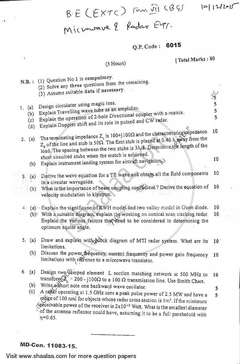 Microwave and Radar Engineering 2015-2016 - B.E. - Semester 7 (BE Fourth Year) - University of Mumbai question paper with PDF download