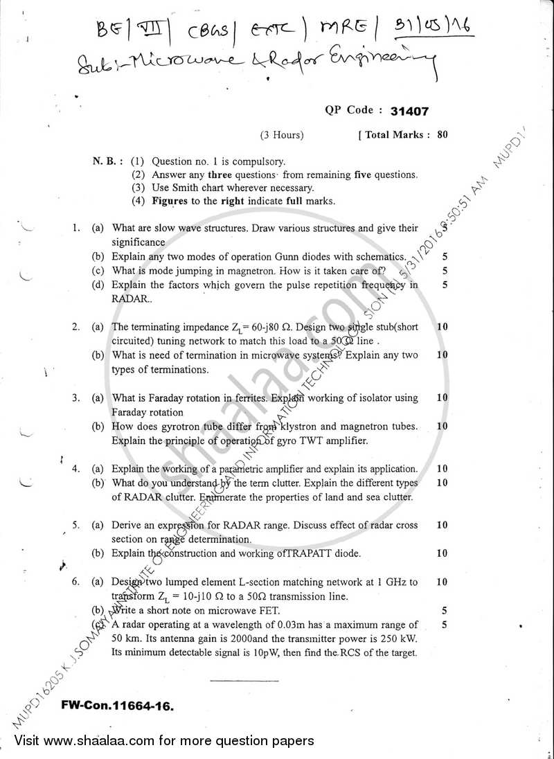 Microwave and Radar Engineering 2015-2016 - B.E. - Semester 7 (BE Fourth Year) - University of Mumbai question paper with PDF download
