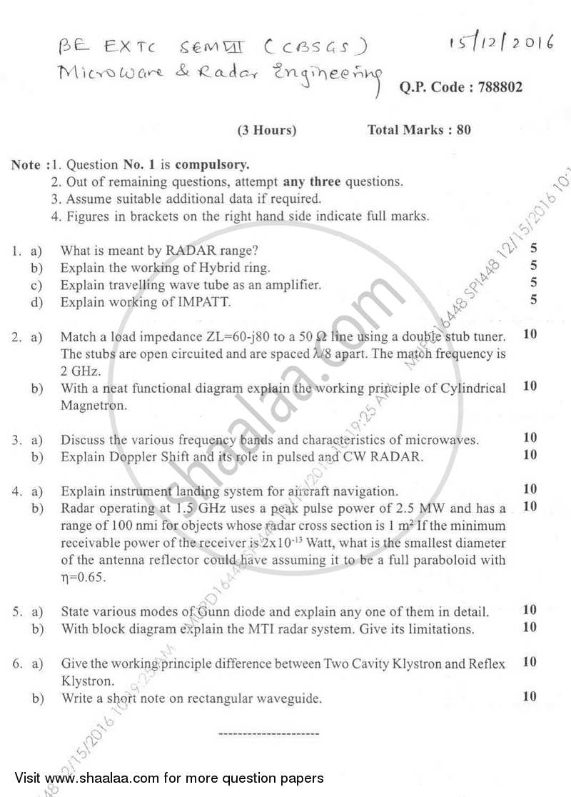 Microwave and Radar Engineering 2016-2017 - B.E. - Semester 7 (BE Fourth Year) - University of Mumbai question paper with PDF download