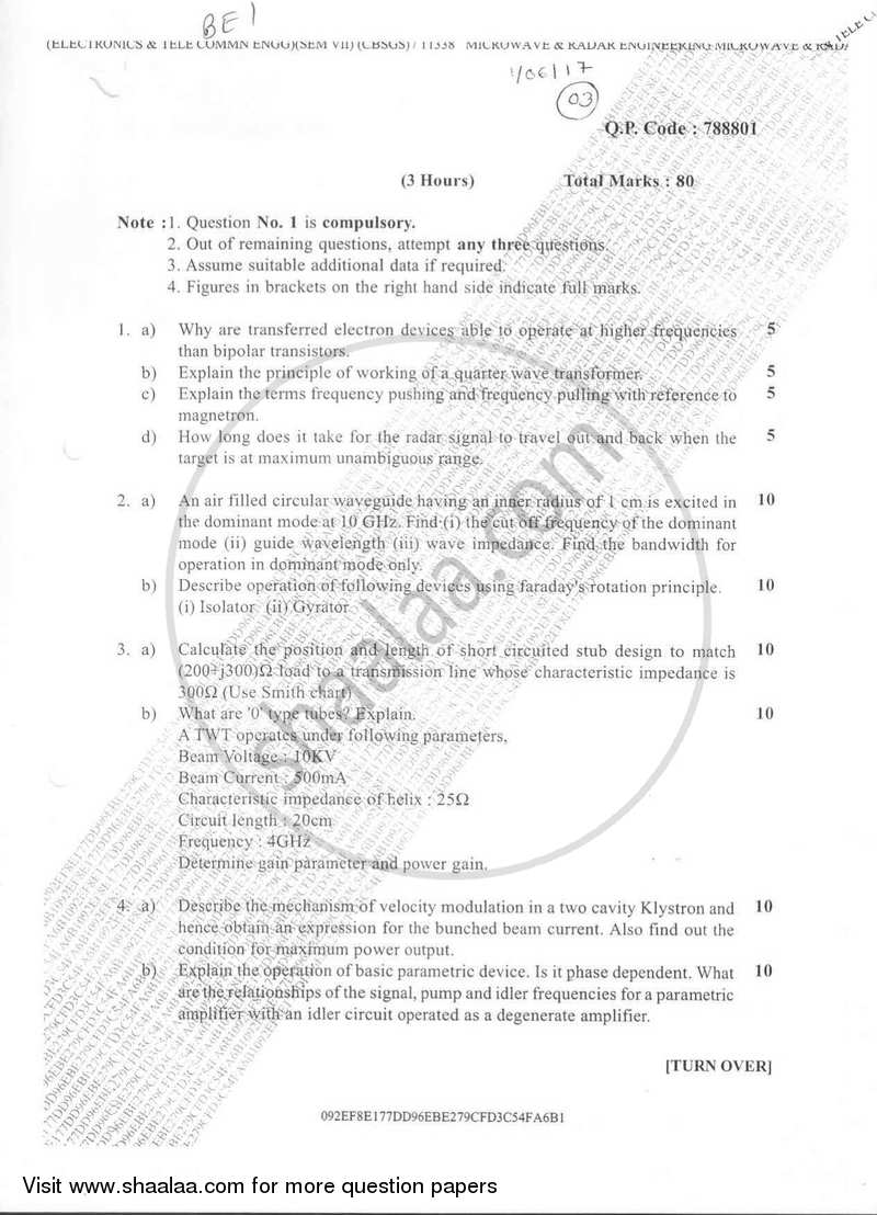 Microwave and Radar Engineering 2016-2017 - B.E. - Semester 7 (BE Fourth Year) - University of Mumbai question paper with PDF download