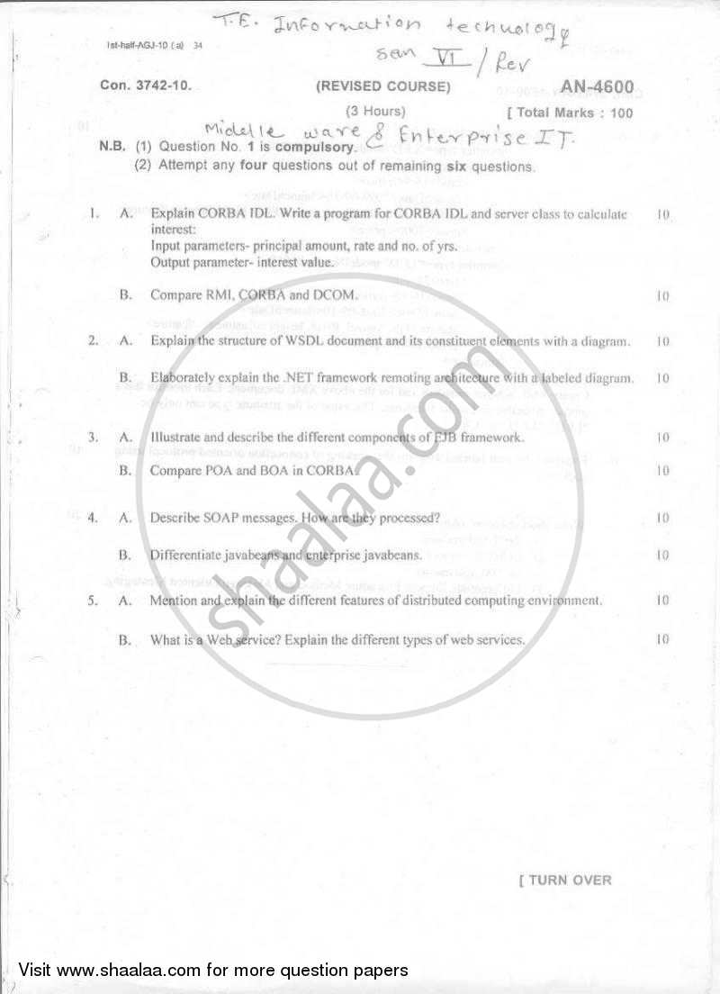 Middleware and Enterprise Integration Technologies 2009-2010 - B.E. - Semester 6 (TE Third Year) - University of Mumbai question paper with PDF download