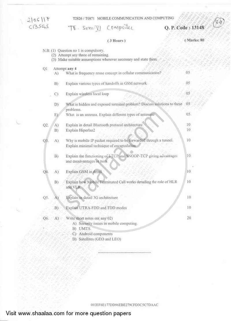 Mobile Communication and Computing 2016-2017 - B.E. - Semester 6 (TE Third Year) - University of Mumbai question paper with PDF download