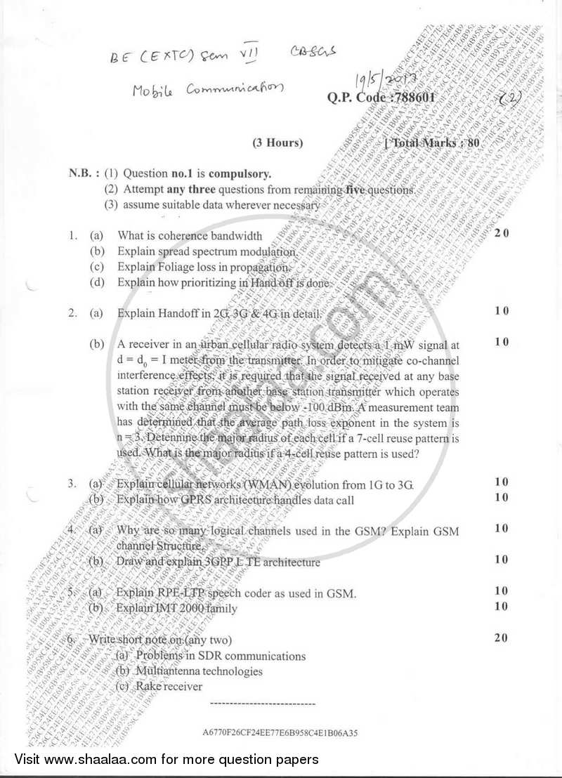 Mobile Communication 2016-2017 - B.E. - Semester 7 (BE Fourth Year) - University of Mumbai question paper with PDF download