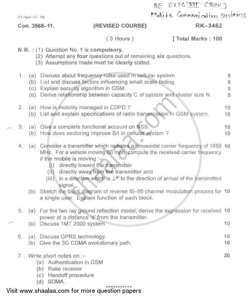 Mobile Communication Systems 2010-2011 - B.E. - Semester 7 (BE Fourth Year) - University of Mumbai question paper with PDF download