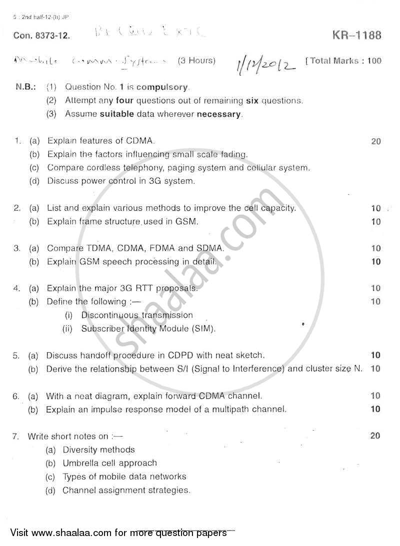 Mobile Communication Systems 2012-2013 - B.E. - Semester 7 (BE Fourth Year) - University of Mumbai question paper with PDF download