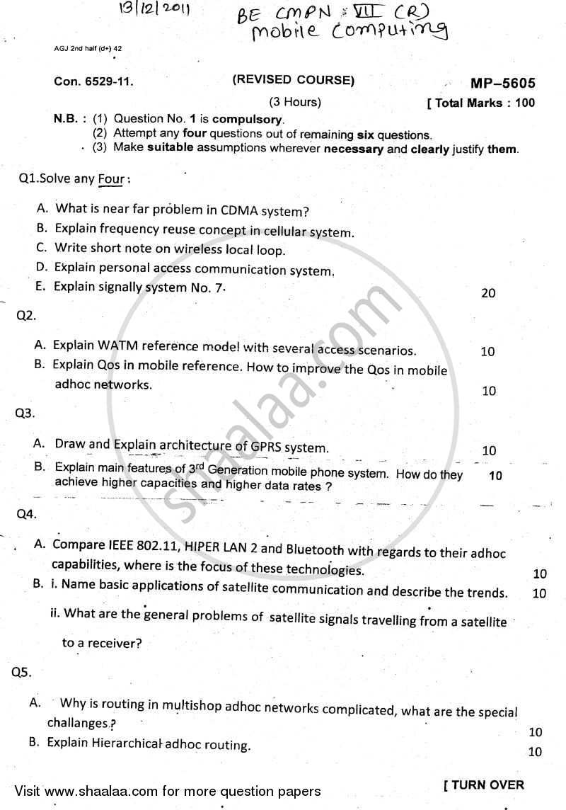 Mobile Computing 2011-2012 - B.E. - Semester 7 (BE Fourth Year) - University of Mumbai question paper with PDF download