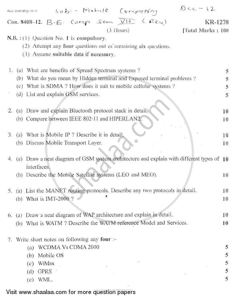 Mobile Computing 2012-2013 - B.E. - Semester 7 (BE Fourth Year) - University of Mumbai question paper with PDF download