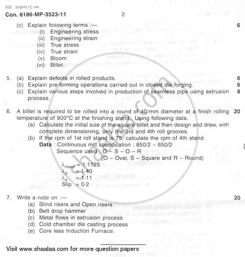Mould and Metal Forming Technology 2011-2012 - B.E. - Semester 6 (TE Third Year) - University of Mumbai question paper with PDF download