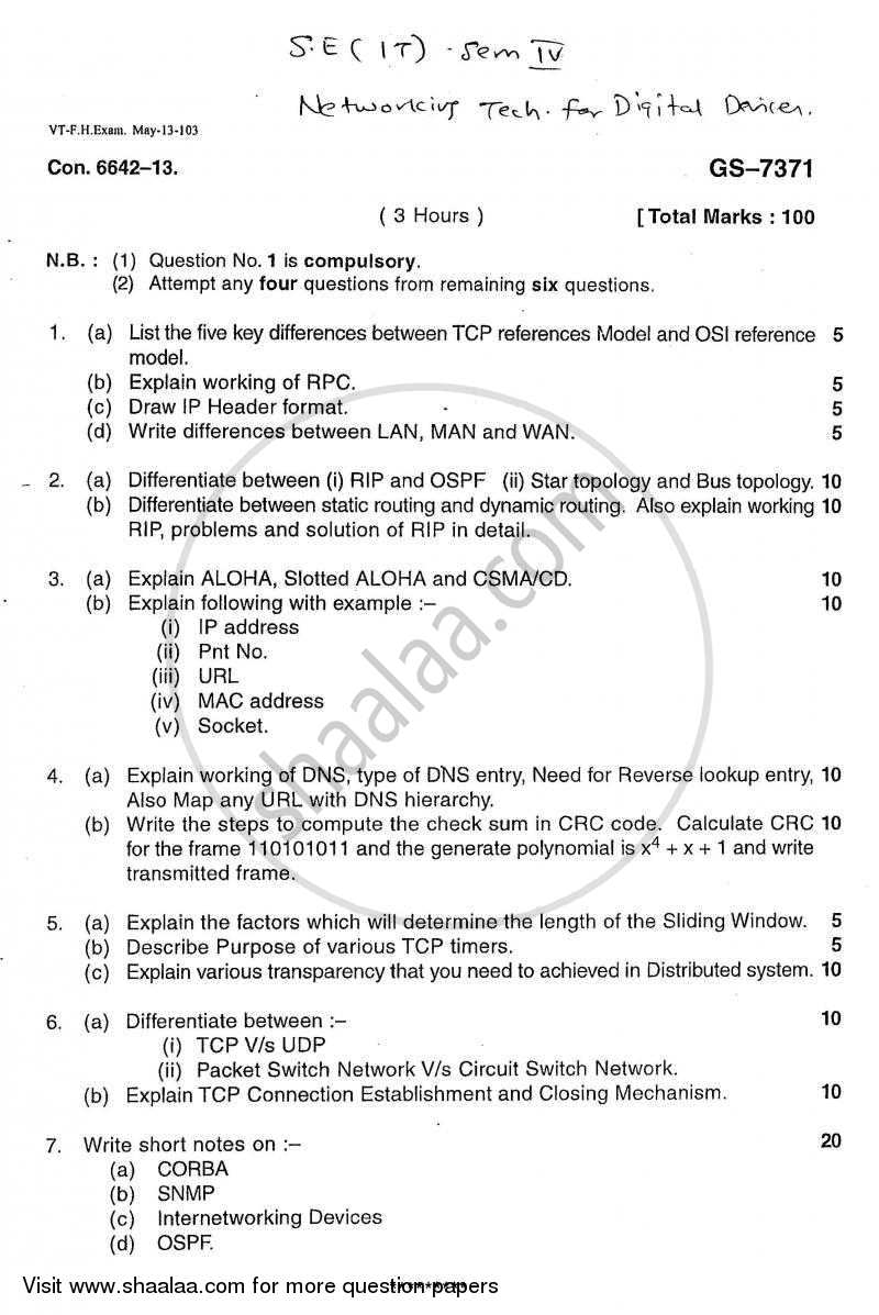Networking Technology for Digital Devices 2012-2013 - B.E. - Semester 4 (SE Second Year) - University of Mumbai question paper with PDF download