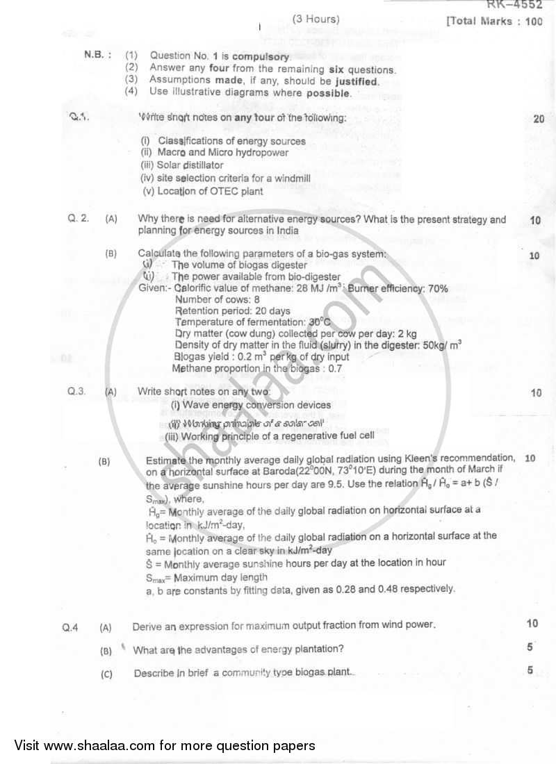 Non Conventional Energy Sources 2010-2011 - B.E. - Semester 8 (BE Fourth Year) - University of Mumbai question paper with PDF download