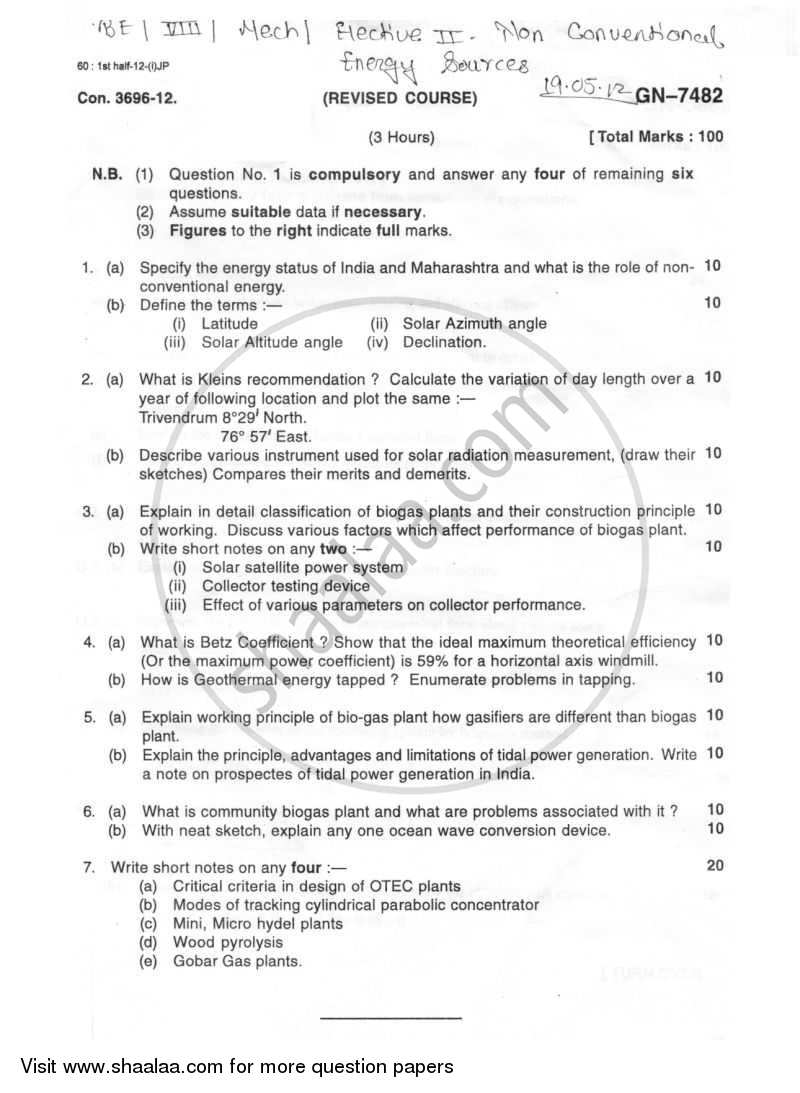 Non Conventional Energy Sources 2011-2012 - B.E. - Semester 8 (BE Fourth Year) - University of Mumbai question paper with PDF download