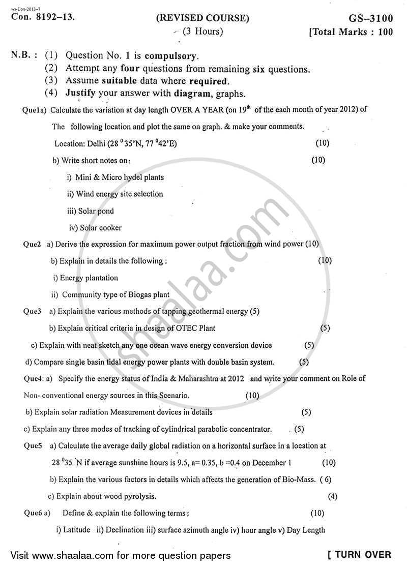 Non Conventional Energy Sources 2012-2013 - B.E. - Semester 8 (BE Fourth Year) - University of Mumbai question paper with PDF download