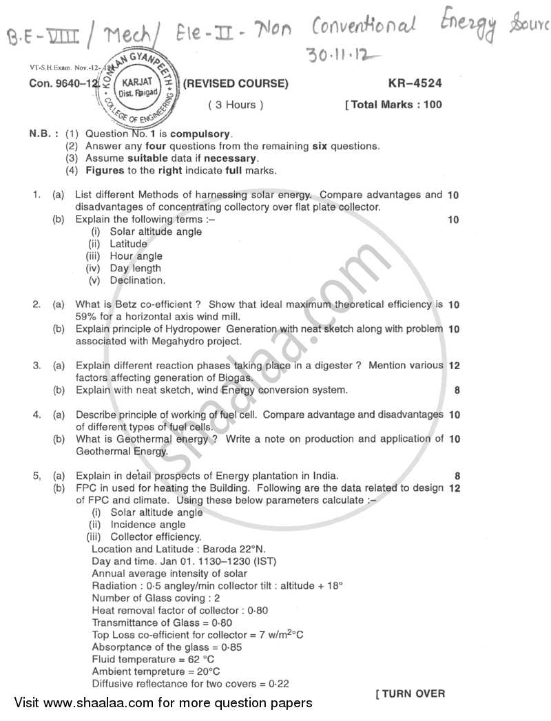 Non Conventional Energy Sources 2012-2013 - B.E. - Semester 8 (BE Fourth Year) - University of Mumbai question paper with PDF download