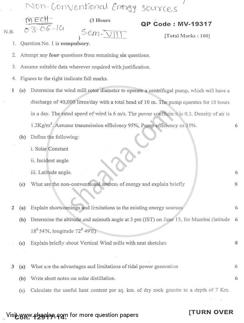 Non Conventional Energy Sources 2013-2014 - B.E. - Semester 8 (BE Fourth Year) - University of Mumbai question paper with PDF download