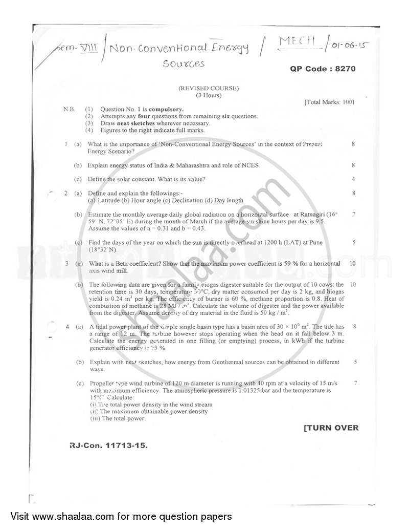Non Conventional Energy Sources 2014-2015 - B.E. - Semester 8 (BE Fourth Year) - University of Mumbai question paper with PDF download