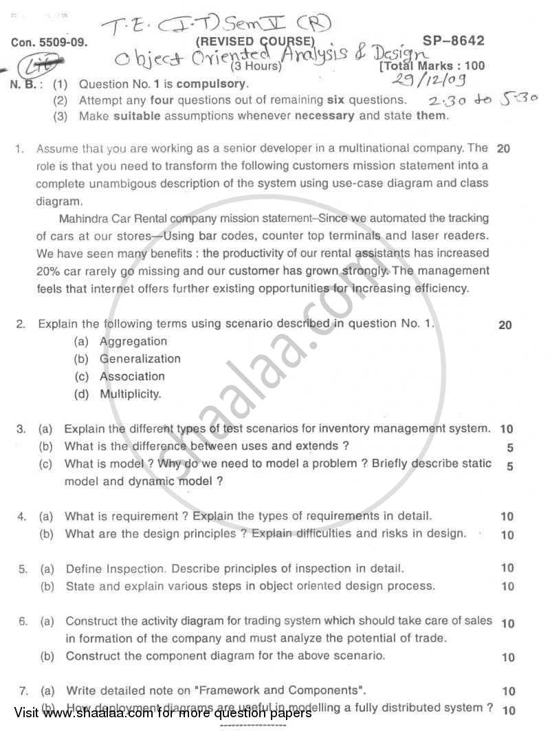 Object Oriented Analysis and Design 2009-2010 - B.E. - Semester 5 (TE Third Year) - University of Mumbai question paper with PDF download