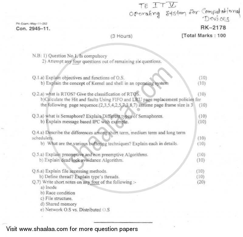 Operating System for Computational Devices 2010-2011 - B.E. - Semester 5 (TE Third Year) - University of Mumbai question paper with PDF download