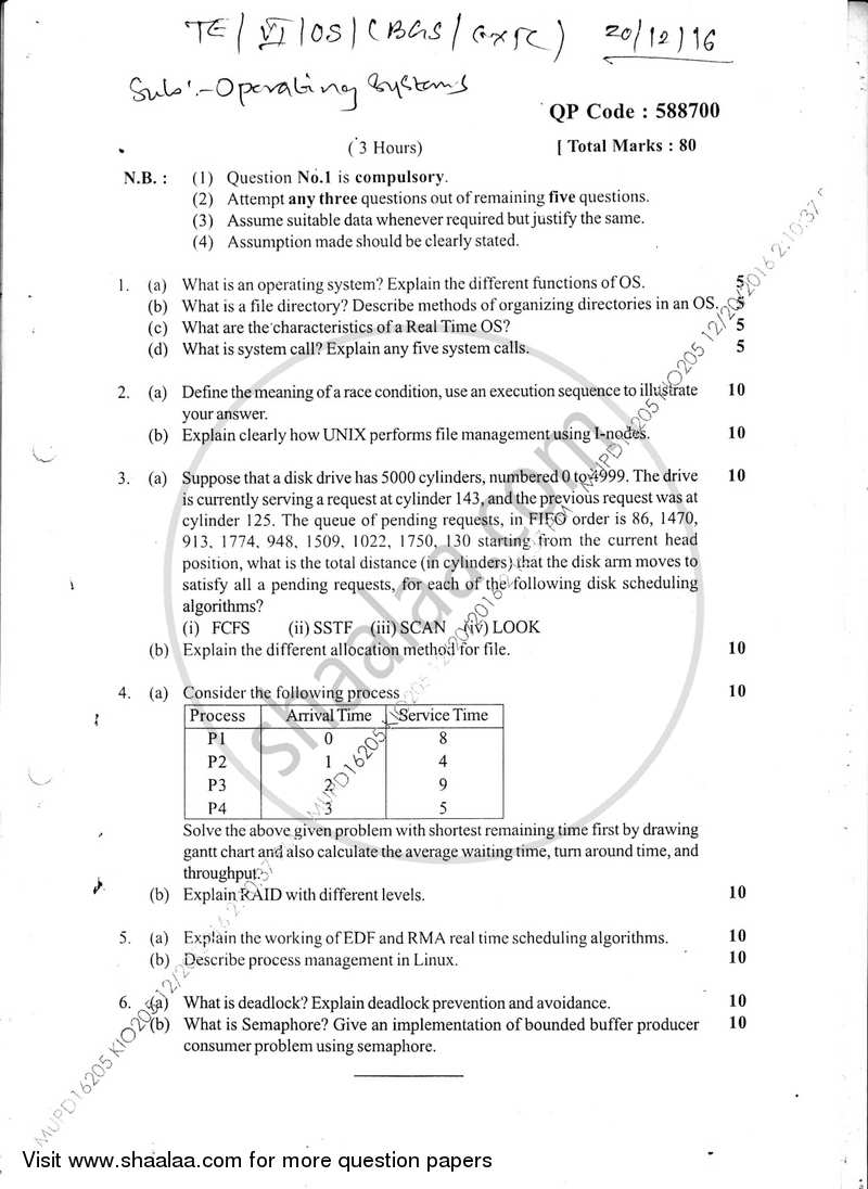 Operating System 2016-2017 - B.E. - Semester 6 (TE Third Year) - University of Mumbai question paper with PDF download